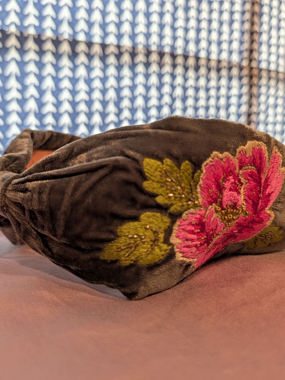 Anthropologie Powder Brand Velvet Embroidered Floral Headband - Pink on Gray